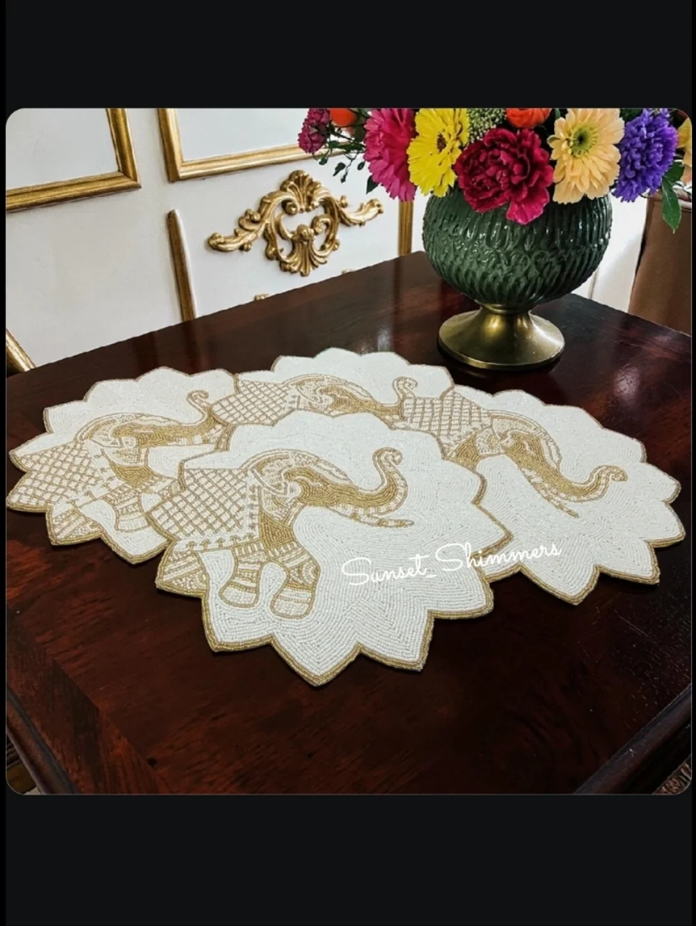 4pc Lucky Golden Elephant 15in Beaded Charger Placemats Set Jewels Of Mumbai New